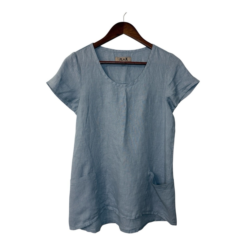 NEW Flax linen pocket tunic top womens P 4-6 blue short sleeve lagenlook coastal